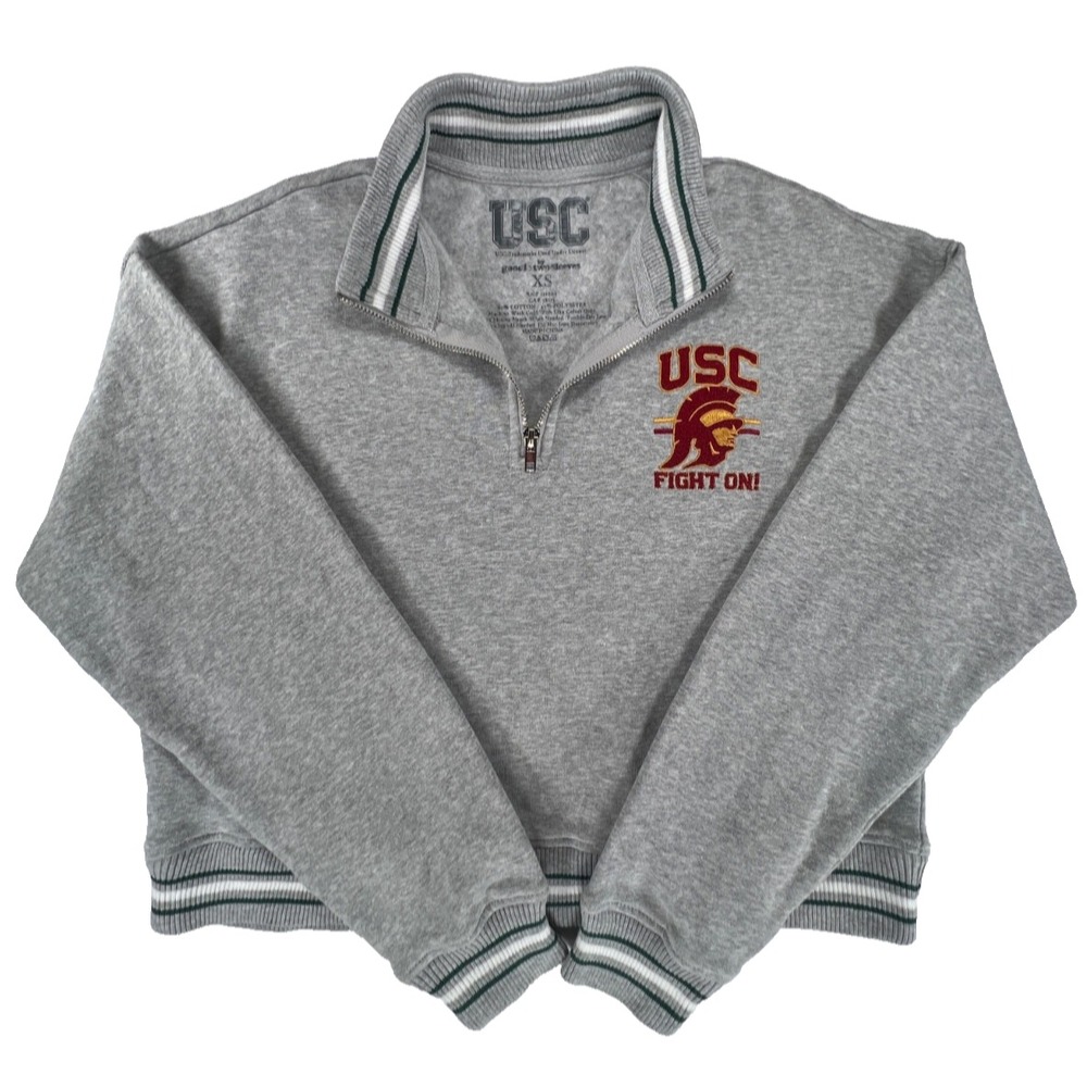 USC Trojans Pullover Sweatshirt Quarter Zip Womens XS Cropped Gray NCAA Fight On - Picture 2 of 9